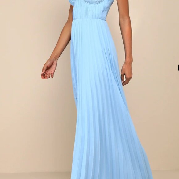 Lulus Admirable Elegance Light Blue Pleated Bustier Maxi Dress - Size M - Picture 6 of 6
